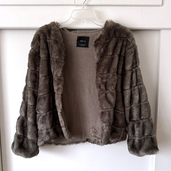 ZARA Knit Super Soft Gray Brown Faux Fur Jacket Coat Size Small - Picture 2 of 11